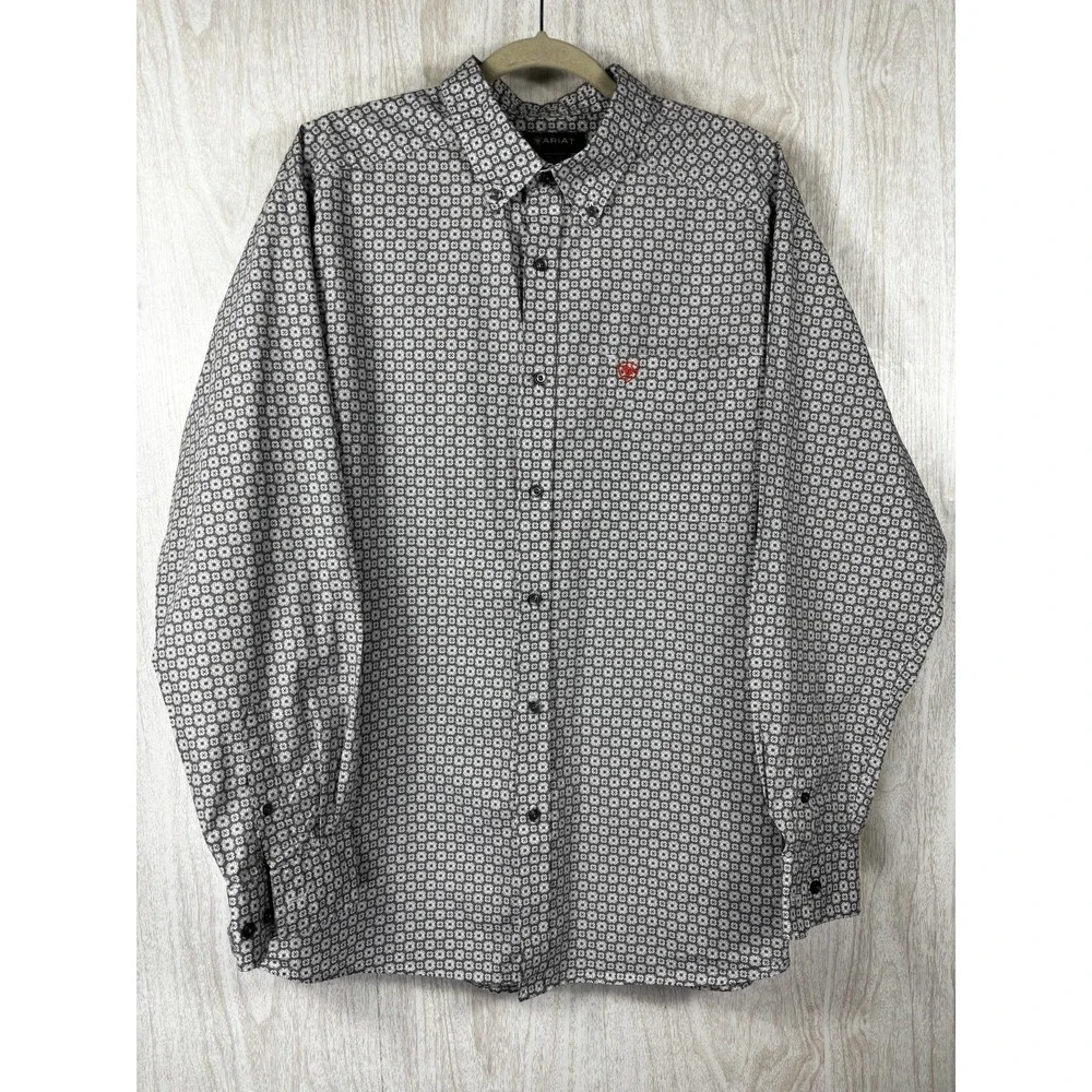 Ariat‎ Western Shirt Mens XL Gray Red White Geometric Rodeo Cowboy Cotton
